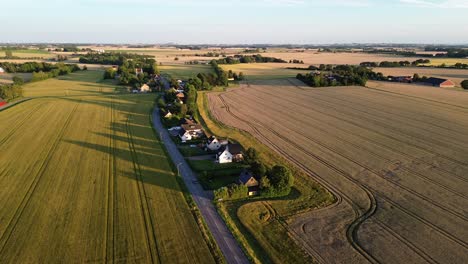 hässlunda, sweden: aerial rising drone video of local houses in the open fields at dawn with a car passing by