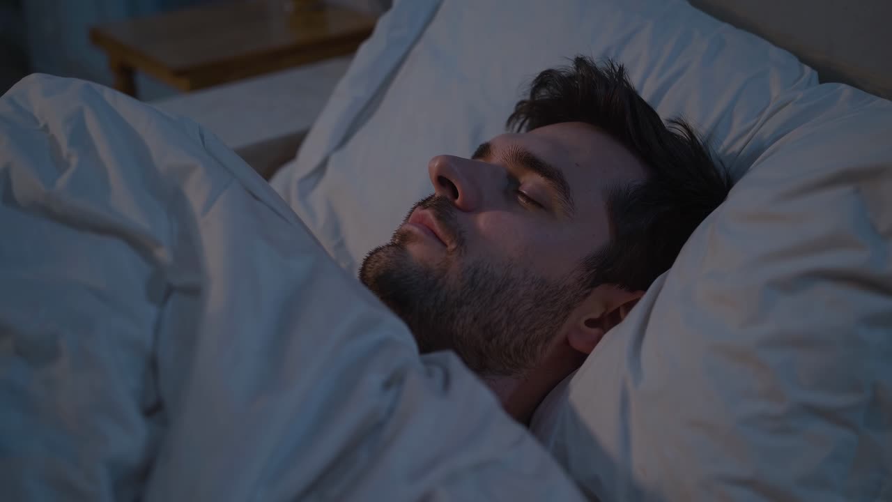 Una serena scena video di un uomo che dorme beatamente nel letto, ripresa da un angolo laterale