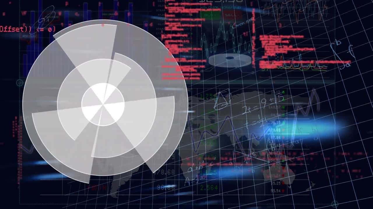 animación del escáner redondo púrpura, procesamiento de datos y formas geométricas contra el mapa del mundo