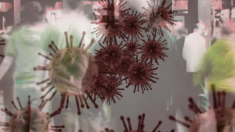 animation of corona virus with people in background