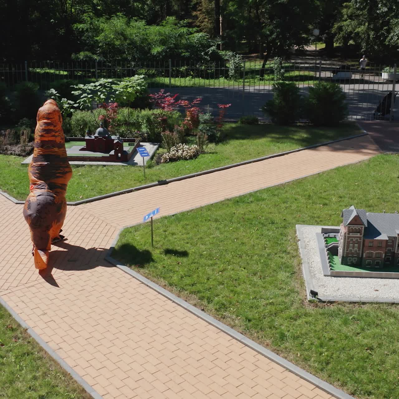 Carnival dragon demonstration. Attractive person wearing blow-up dragon suit walking in the city