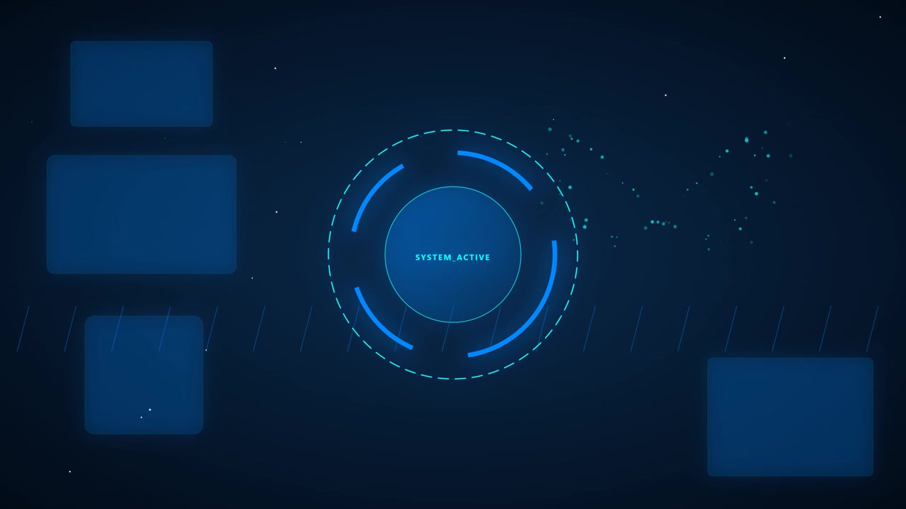 Futuristic Digital Interface with Rotating HUD Elements and Data Visualization