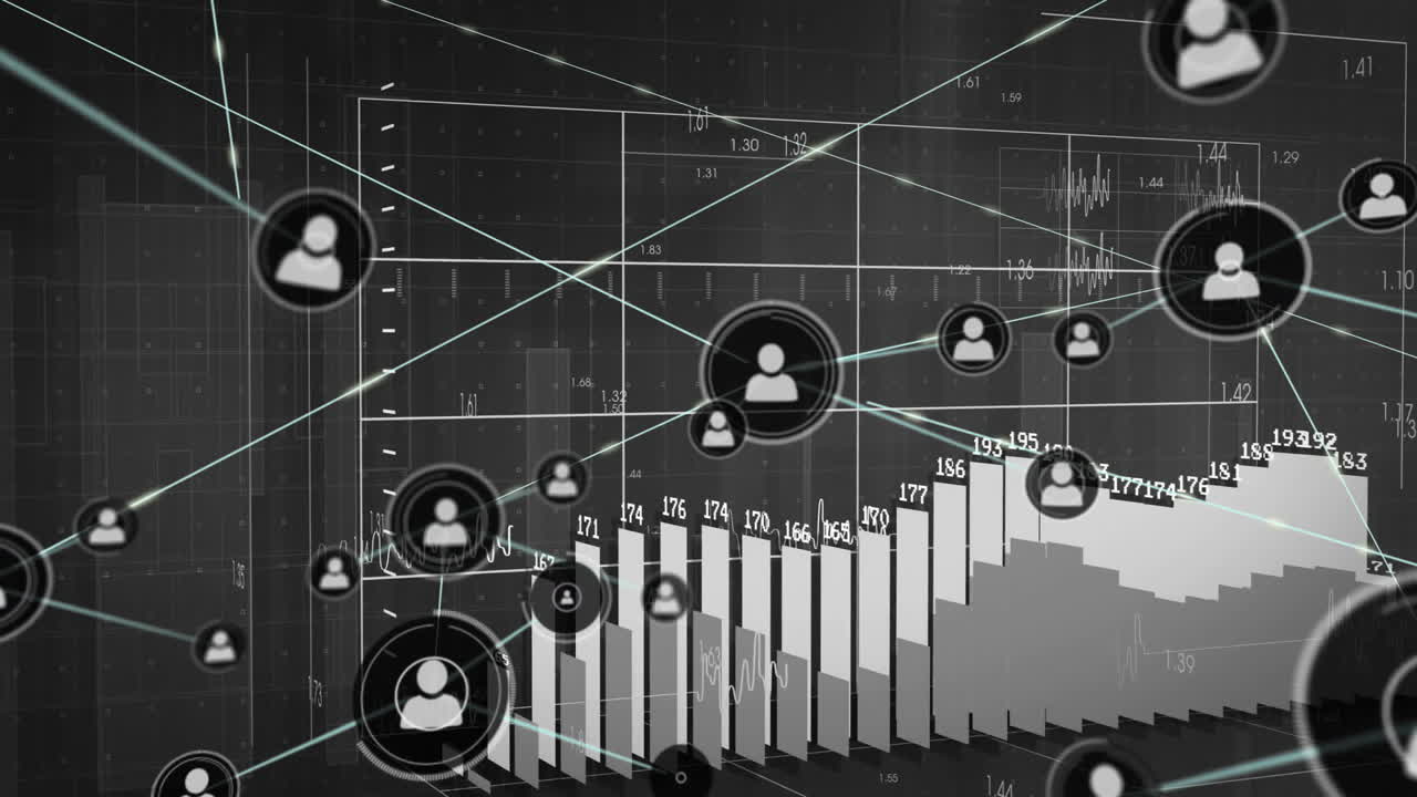 Animation of bar graph and user icons network in school digital data visualization