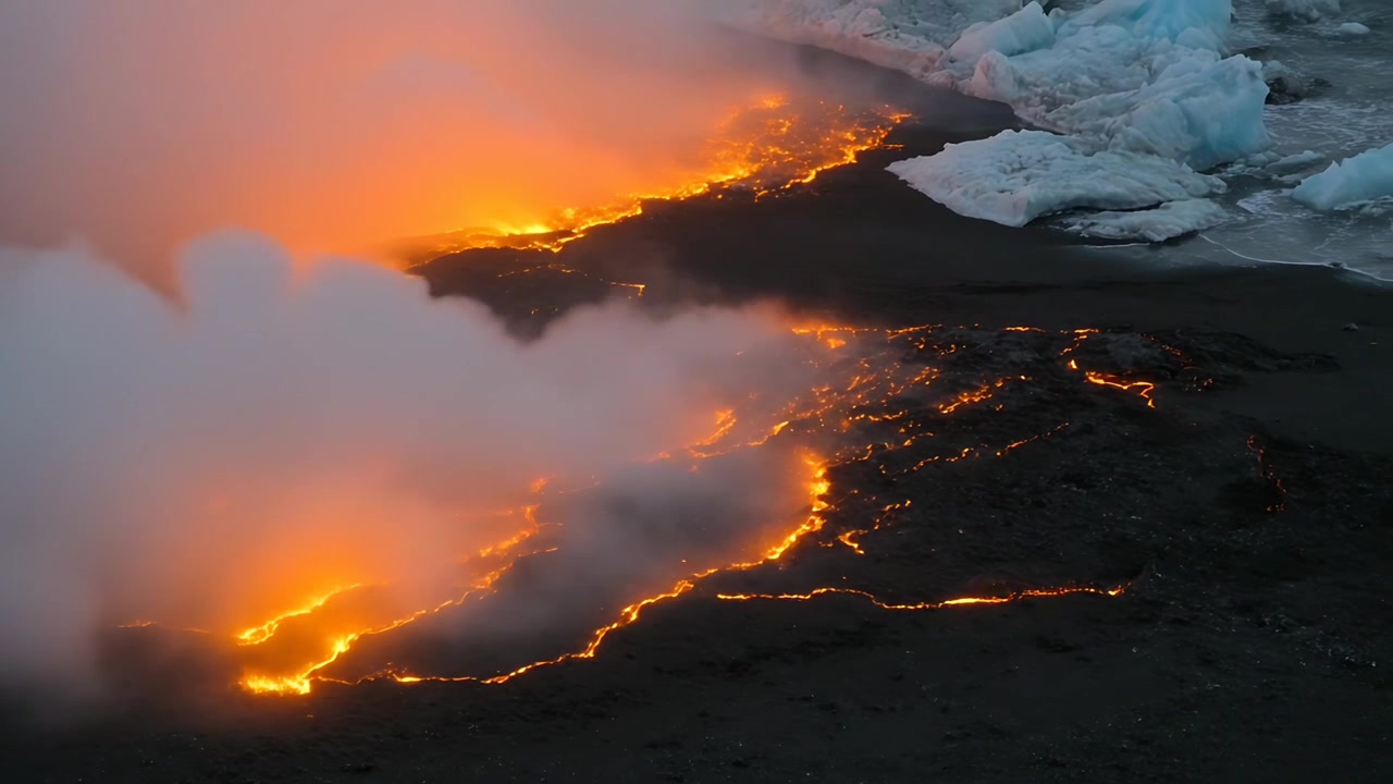 Lava fusa che scorre, entra in contatto con l'acqua di mare e forma fessure incandescenti, generando vapore con ghiaccio.