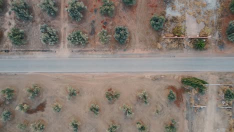 Toma-Aérea-De-Un-Dron-Mirando-Hacia-Abajo-De-Un-Automóvil-Que-Atraviesa-Una-Carretera-Agrícola-En-Málaga,-España