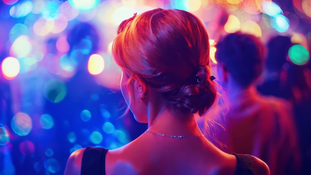 A woman standing in front of a crowd of people at a party
