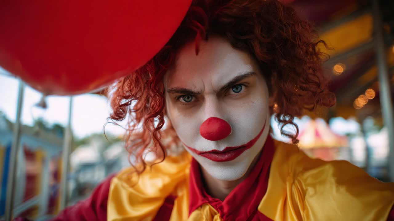 Mysterious Clown with Red Balloon: A Captivating Portrait Exploring the Dark Side of Carnival Characters and Their Intriguing Emotions Through Expressive Makeup