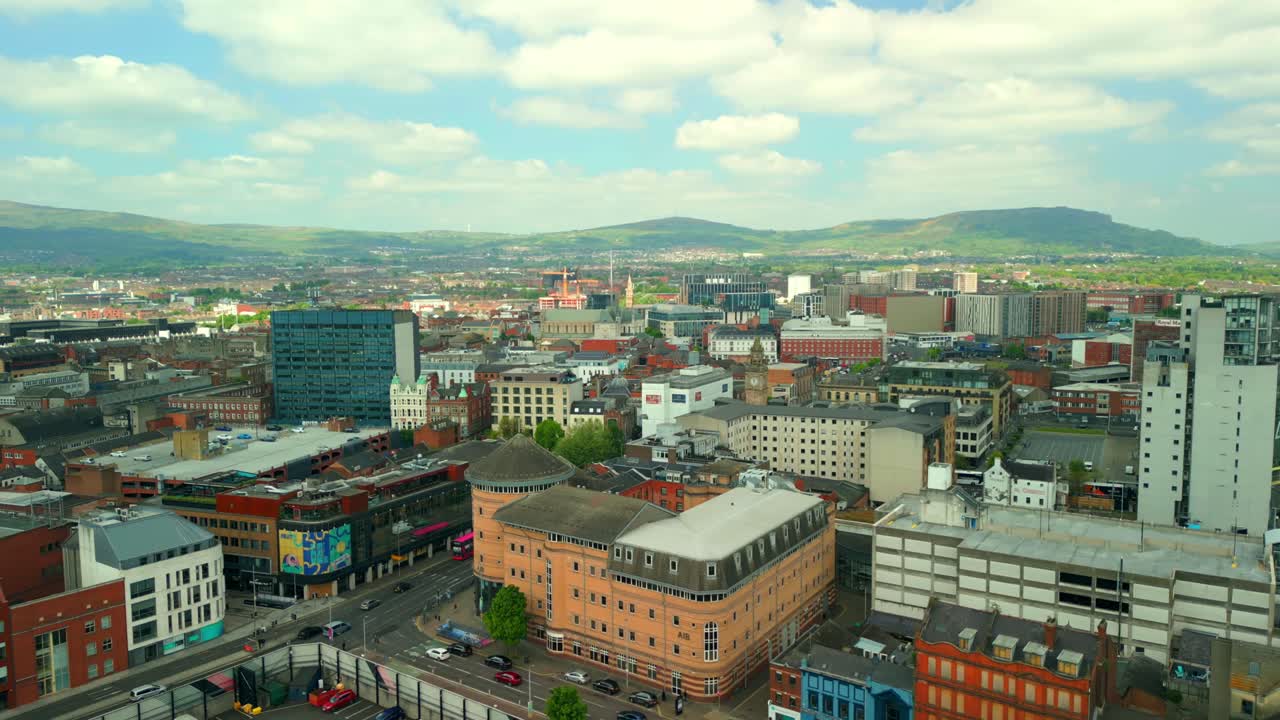 Overhead aerial video of Custom House in Belfast City Centre in Northern Ireland in the UK. Filmed in 4K, 60FPS and in Rec709 Color.