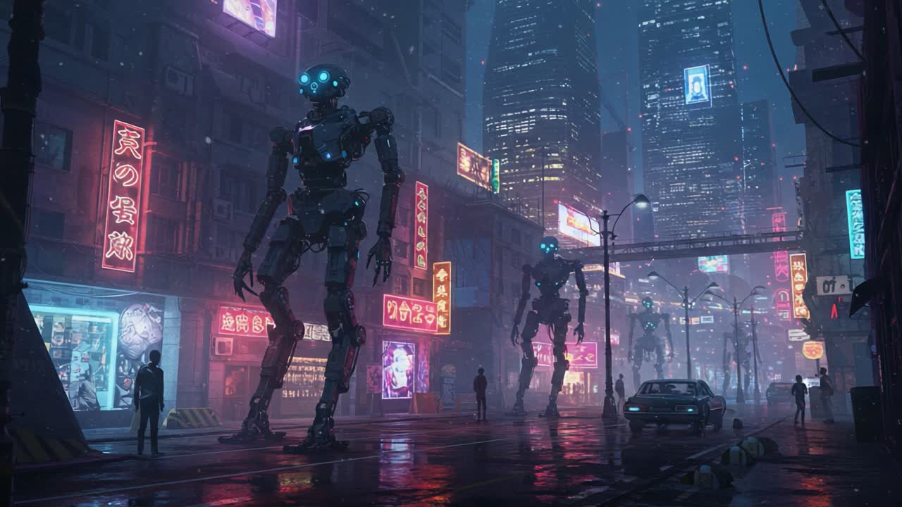 In un futuro distopico, robot torreggianti vagano per le strade illuminate al neon di una vivace città cyberpunk, illuminate da pubblicità colorate e avvolte nell'oscurità nebbiosa.