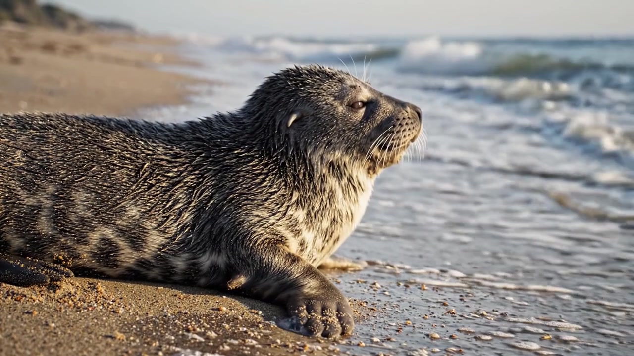 Una giovane foca che riposa sulla riva, abbracciando la pace delle onde dell'oceano sotto il sole del mattino presto, catturando la bellezza della fauna selvatica della natura