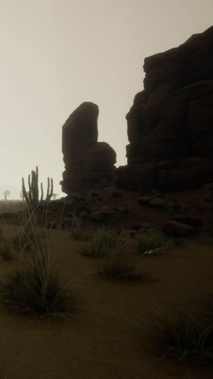 Desert landscape with striking rock formations and resilient cacti at dusk
