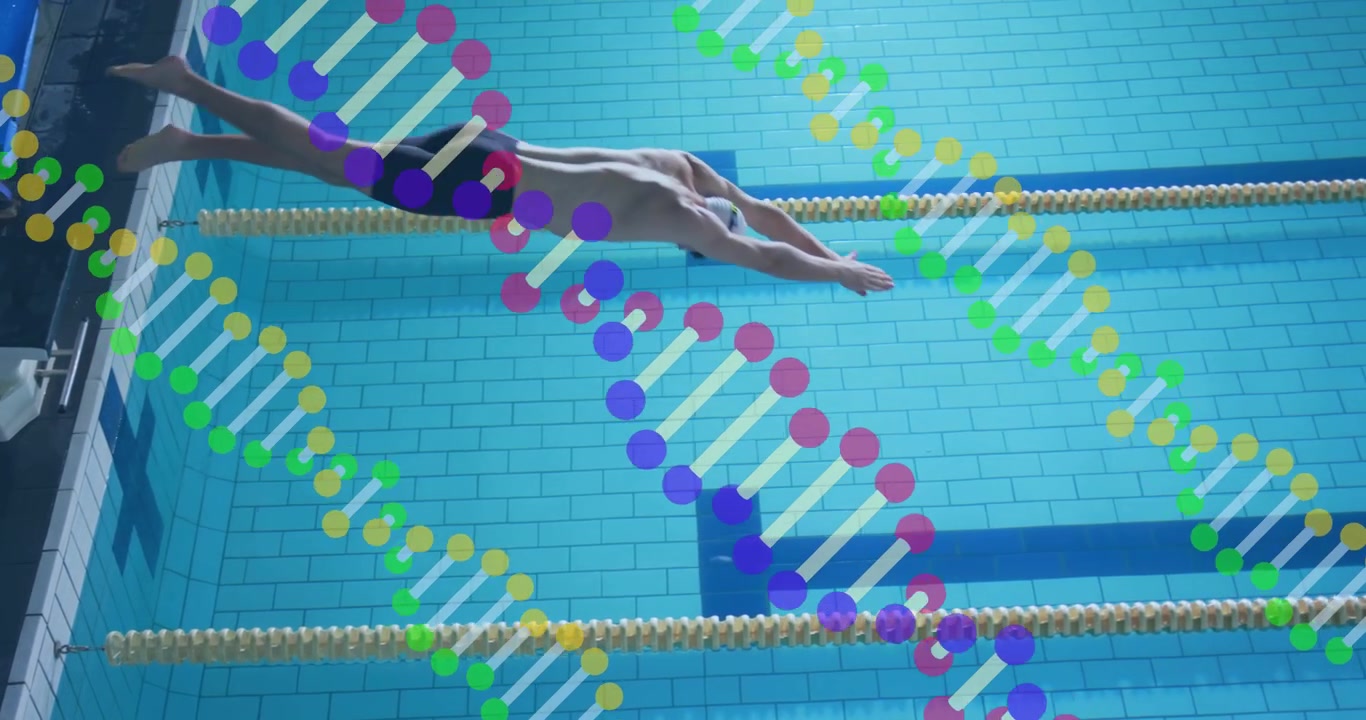Male swimmer on start signal pushing off block diving under lane ropes with tech DNA drifting