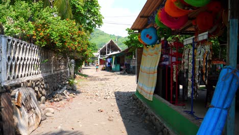 Full-shot,-snacks-hanging-on-the-side-of-a-beach-house-on-the-bitcoin-beach-in-El-Salvador,-Mexico,-a-woman-walking-on-the-street-on-a-bright-sunny-day