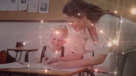 animation of network of connections over female teacher and schoolgirl writing