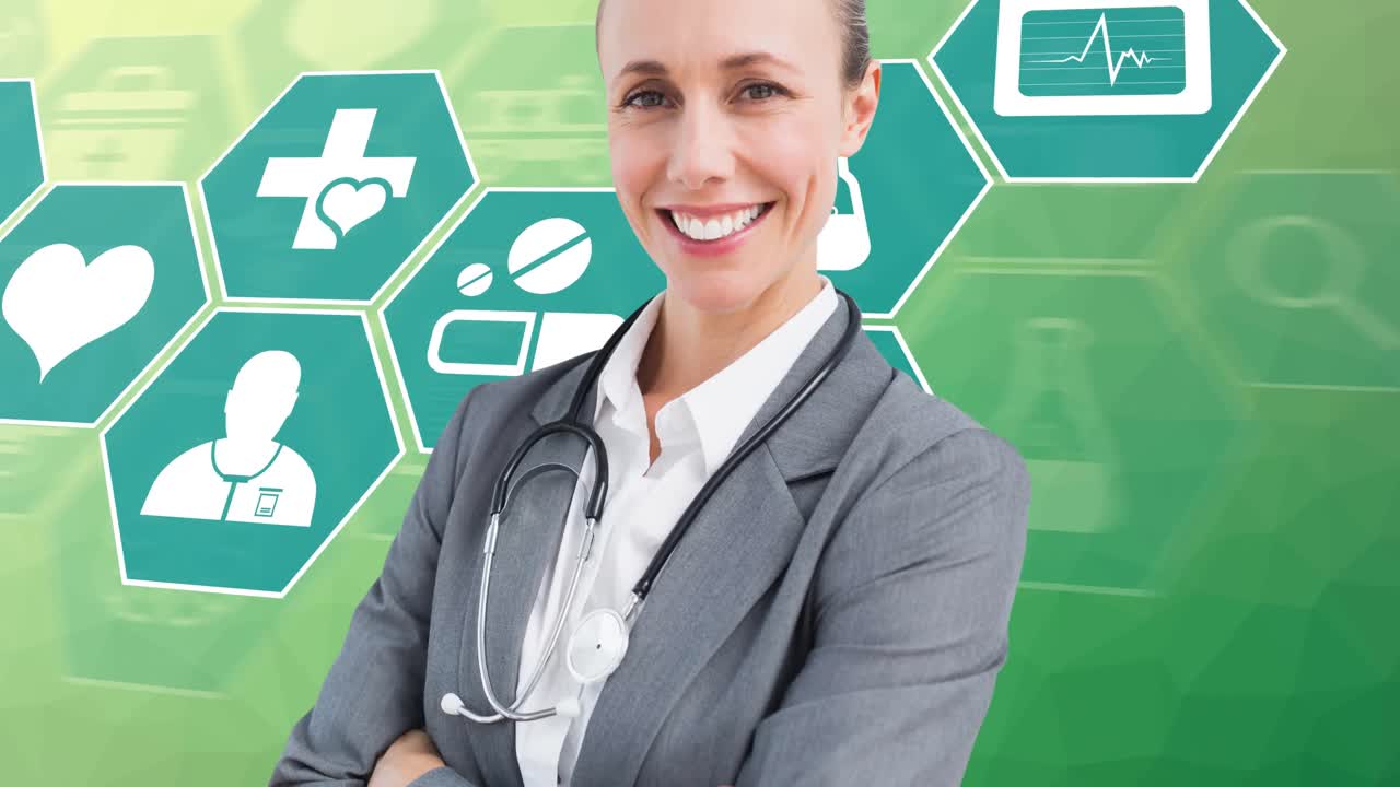 Animation of female doctor over medical icons moving