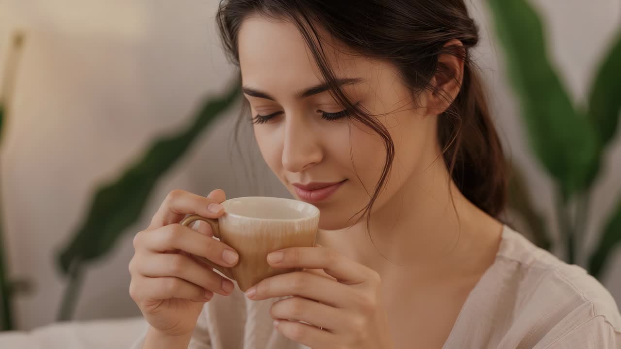 Cradling woman in casual blouse bringing ceramic cup to face at home ...