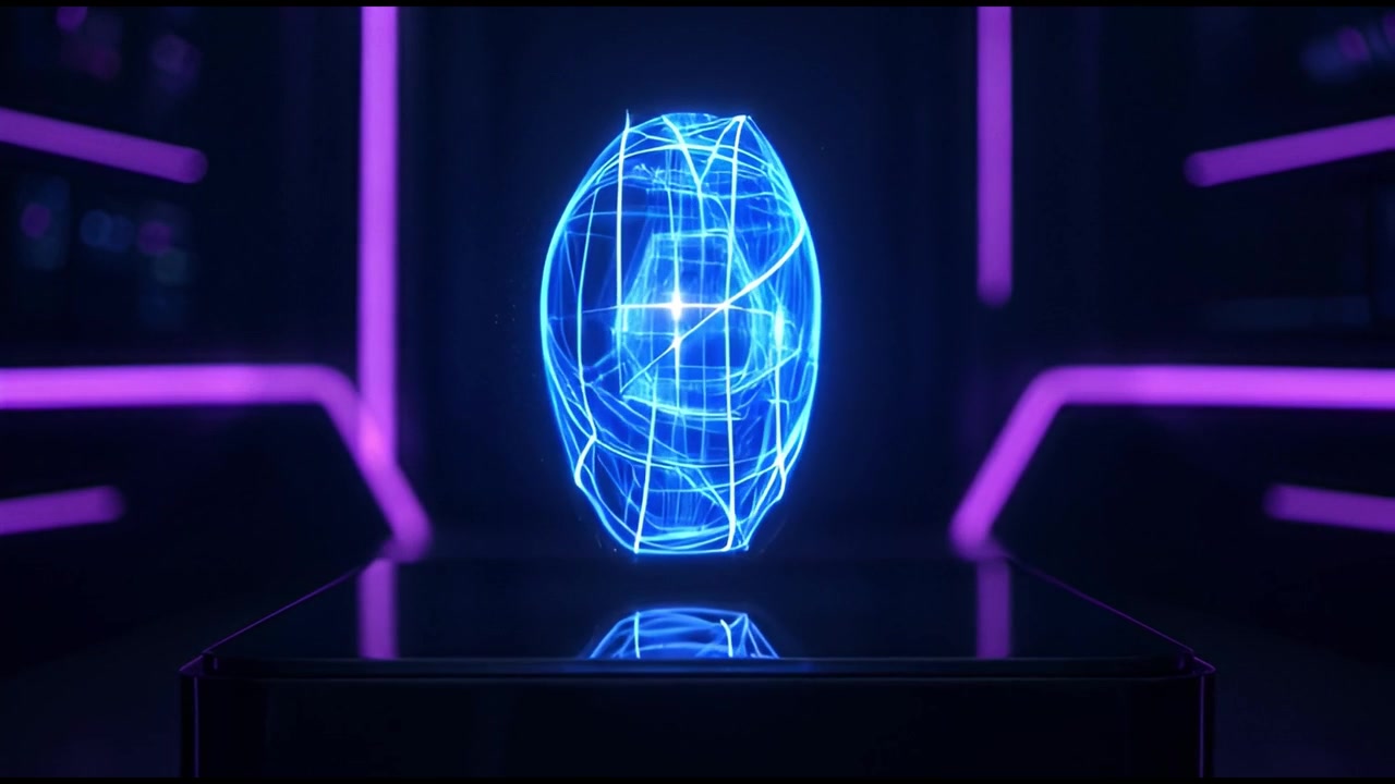 Glowing Blue Digital Sphere Rotating in Futuristic Neon Environment