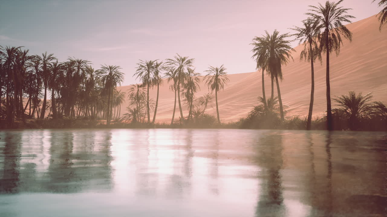 Oasi pacifica nel deserto con palme e acqua calma.