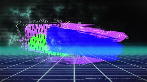 animatie van kleurrijke geometrische vormen en raster op zwarte achtergrond