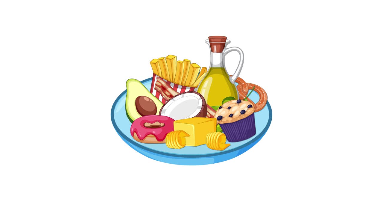 Various high-fat foods smoothly appear and fill a blue plate on a clean white background