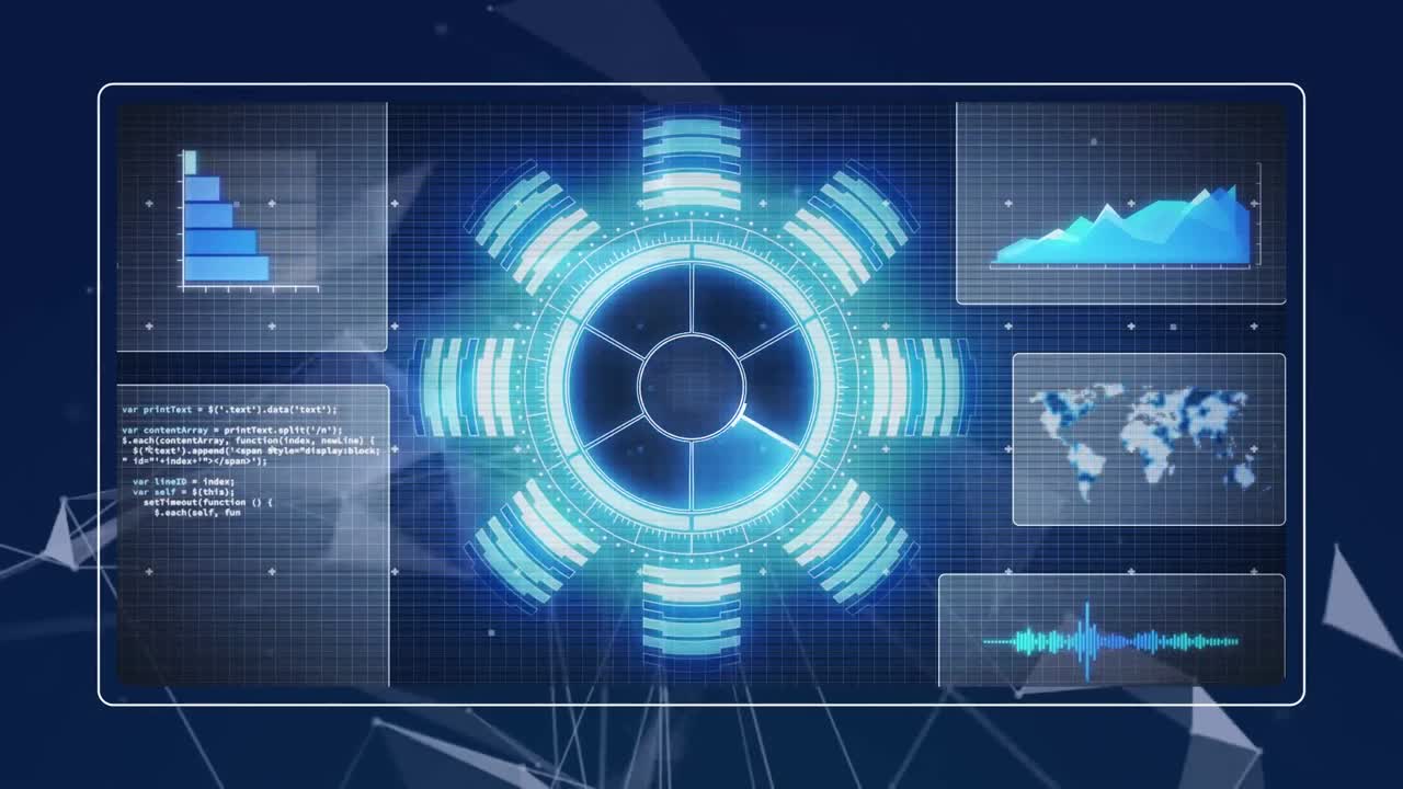 Animation of data processing with scope scanning over network of connections on black background