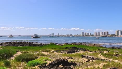 skyline of punta del este in the summer with yachts, ocean and the beach in front, uruguay