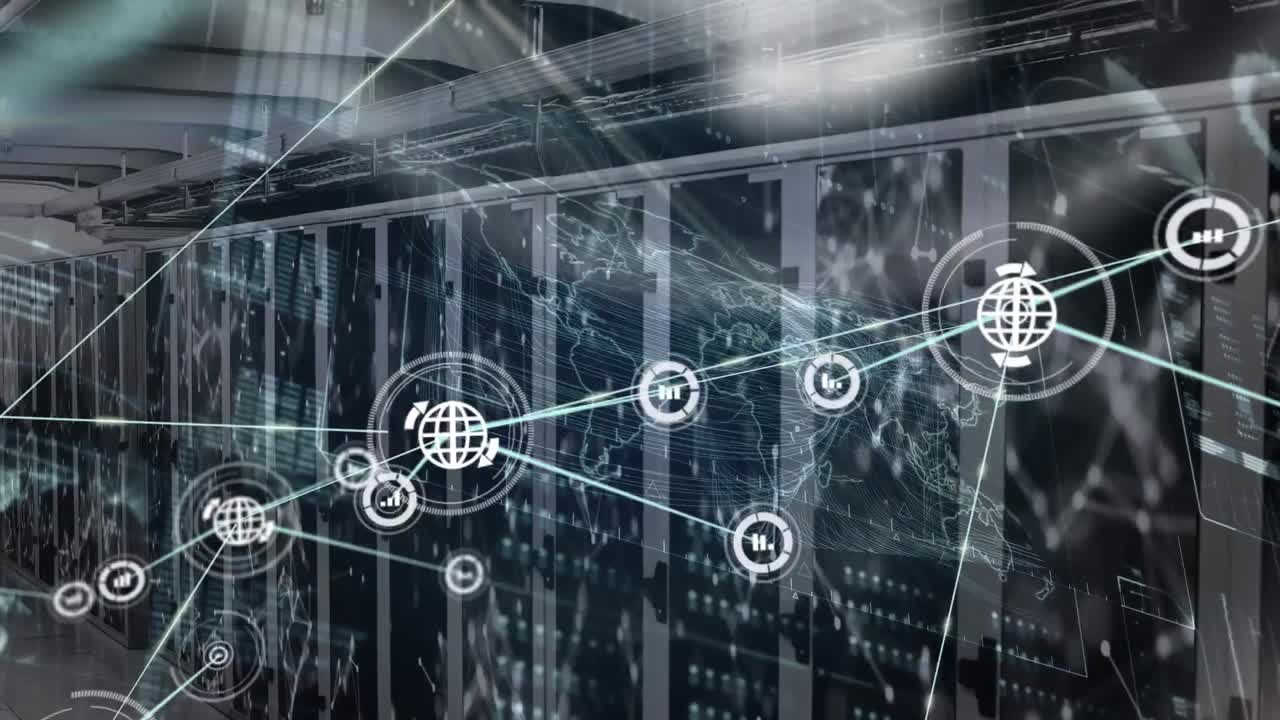 Animation of network of connections with icons and data processing over computer servers