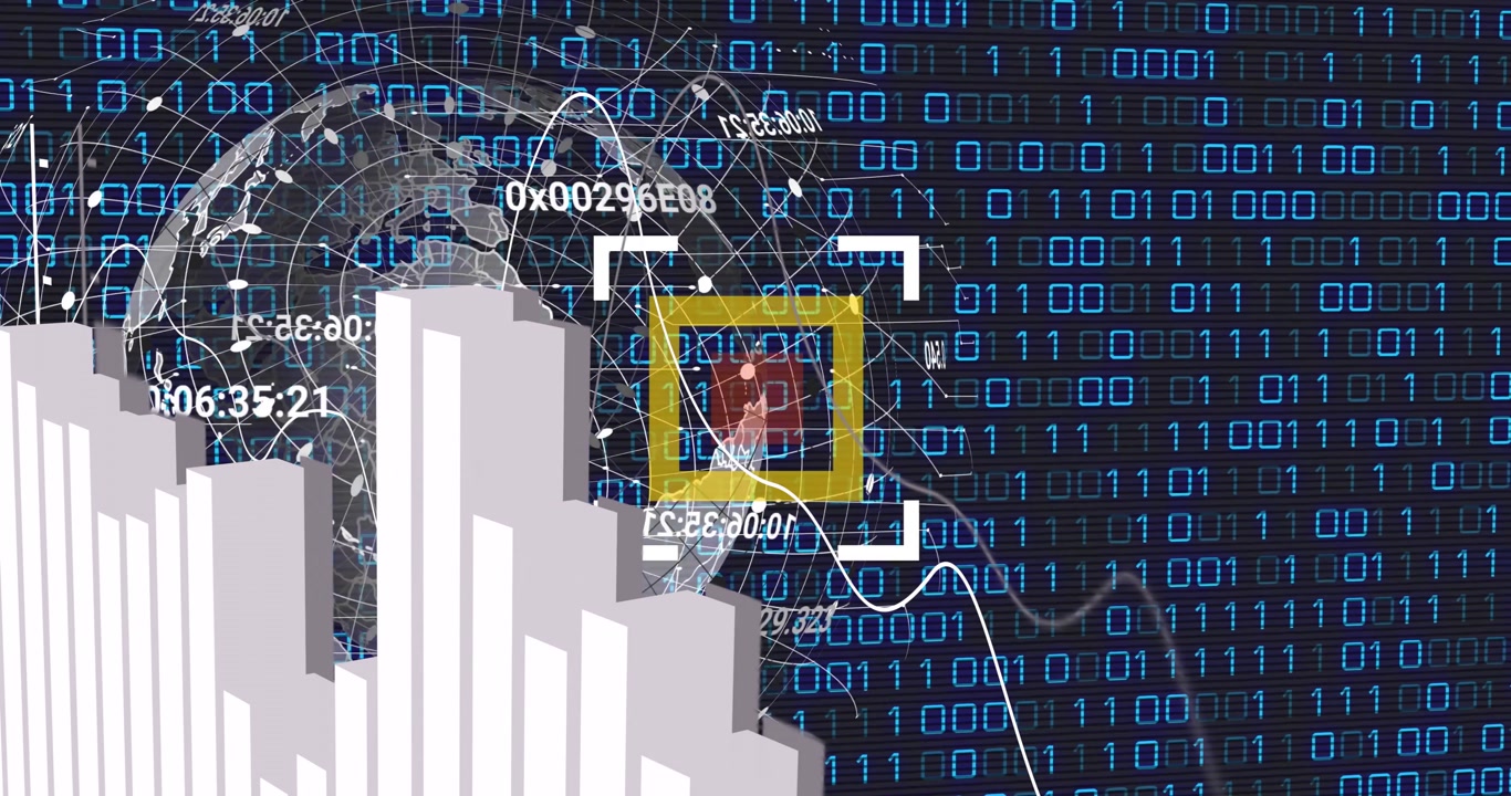 Animation of globe and scanner over data processing and binary coding on black background