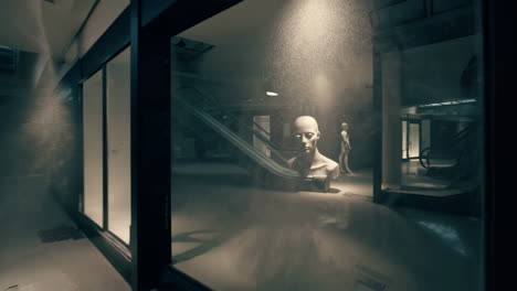 abandoned shopping mall interior with mannequins