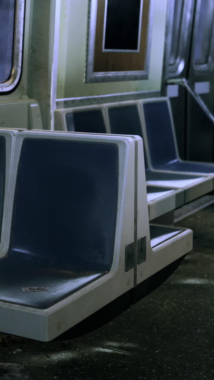 Abandoned subway train interior revealing faded seats and silent atmosphere