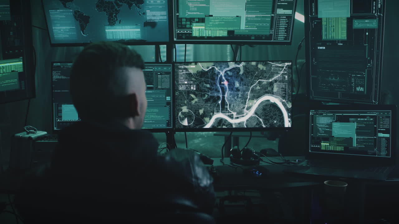 Hacker in a dark room with multiple monitors