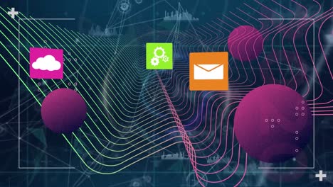 animación de puntos de conexión con iconos, círculos y wireframe 3d en la interfaz digital
