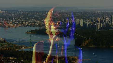 teenage girl singing under lights blending city skyline with suspension bridge for music