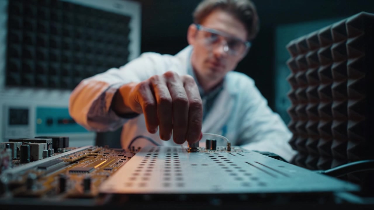 Scientist Analyzing Electronic Circuitry in Laboratory Setting, Focused on Components and Measurement Instruments for Enhanced Research and Development