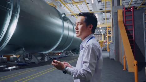engineer in industrial setting with large equipment
