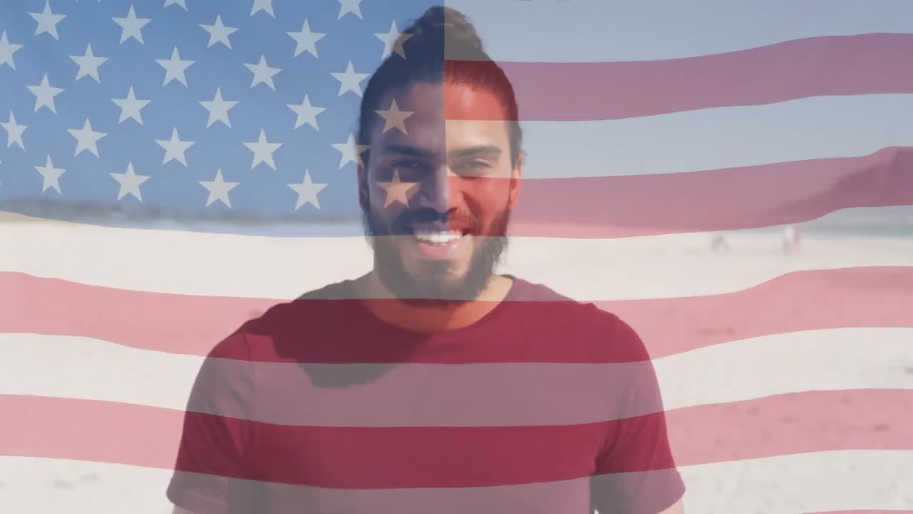 animation der flagge der vereinigten staaten von amerika über einem lächelnden mann zweier rassen am strand