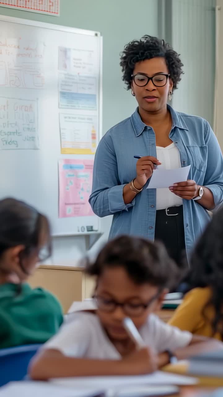 Vertical video: Glancing at paper, teacher reading and addressing class with pen to teach lesson