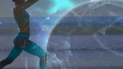Yoga pose by ocean with cosmic animation overlaying celestial elements