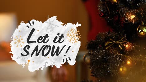 animation of let it snow text over christmas tree