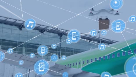 Animation-of-network-of-connections-with-icons-over-drone-carrying-parcel