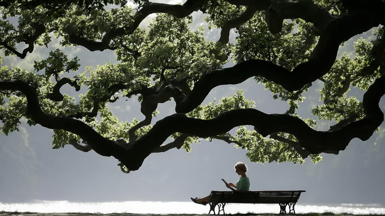 A Serene Afternoon of Reading Under the Expansive Branches of a Majestic Tree at the Park, Bathed in Soft Light and Surrounded by Nature's Beauty