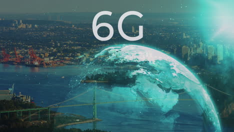 animation of 6g text, blue light spot and globe against aerial view of cityscape and sea