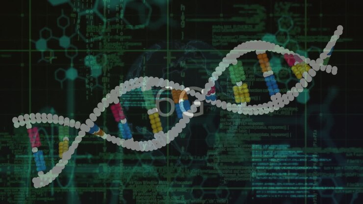DNA strand with binary coding, processing scientific data in animation