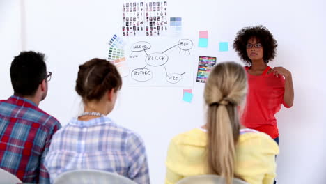 female designer pointing at a plan on a wall