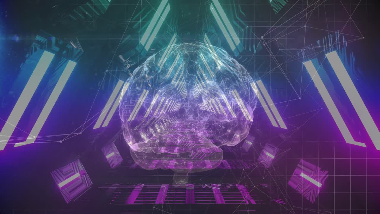 연결망과 인간의 뇌가 매이지 않는 패턴으로 네온 빛나는 터널을 돌고 있습니다.