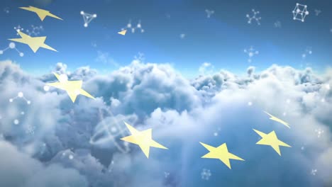 Animation-of-molecules-moving-over-eu-flag-and-cloudy-sky