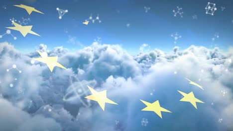 animación de moléculas que se mueven sobre la bandera de la ue y el cielo nublado