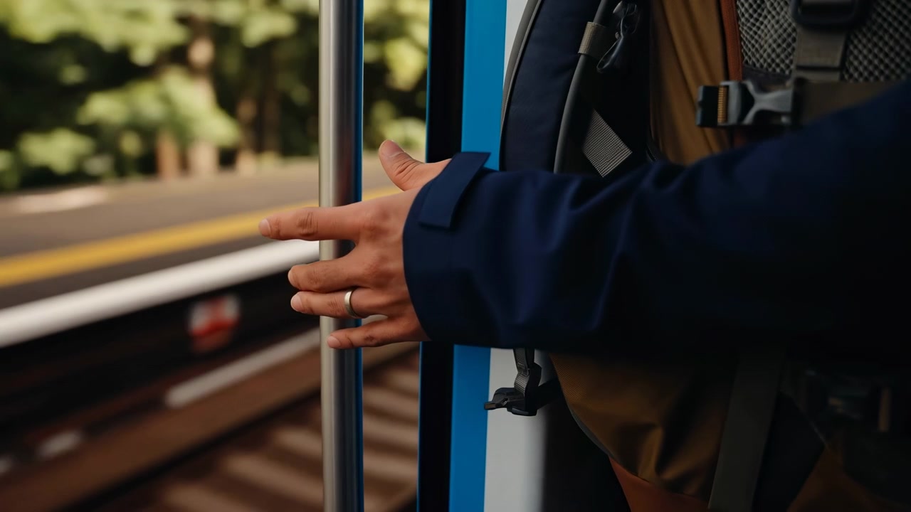 開いた電車のドアの横で、大人の乗客の手がステンレス製のポールを握っているクローズアップ。結婚指輪、紺色の袖、バックパックのストラップ、青い縁取りが見え、その向こうには柔らかくぼかされた駅の植栽が広がる。