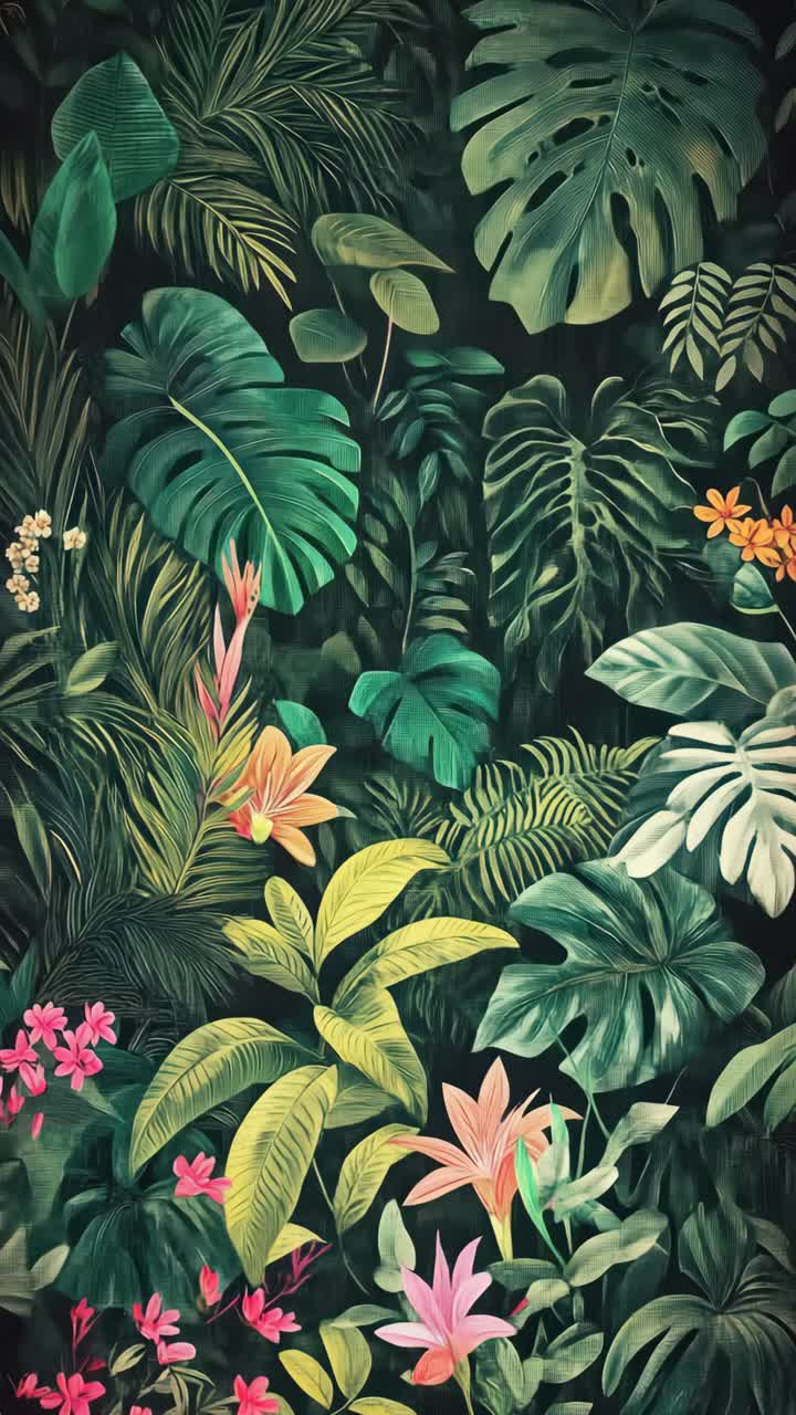 Lush tropical foliage in vibrant colors, captured from a top-down angle