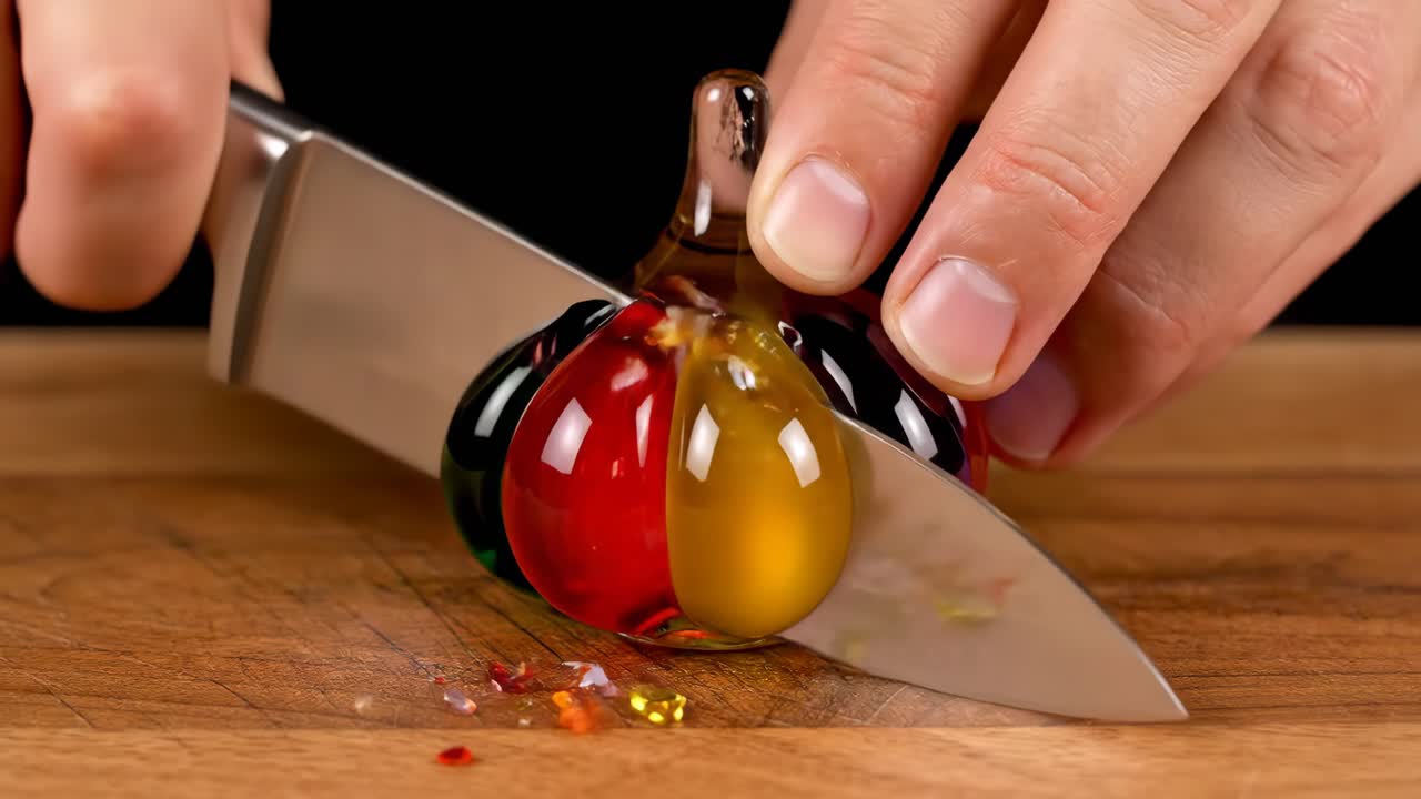 Cutting a colorful glass object with a knife